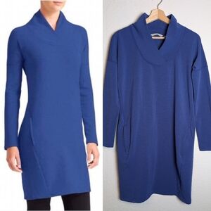 Athleta Blue Soft Tech Wool Blend Dress Sweatshirt Fleece Zip Pockets small